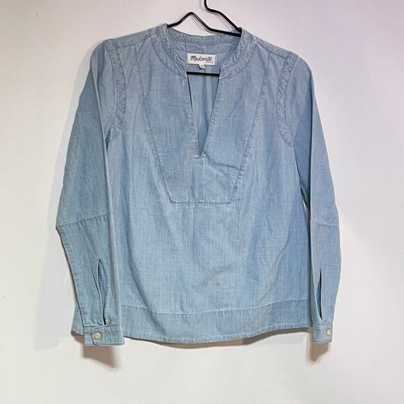 Madewell Chambray Blouse Womens Small Blue Long Sleeve V-Neck Boxy Lightweight - Picture 5 of 9